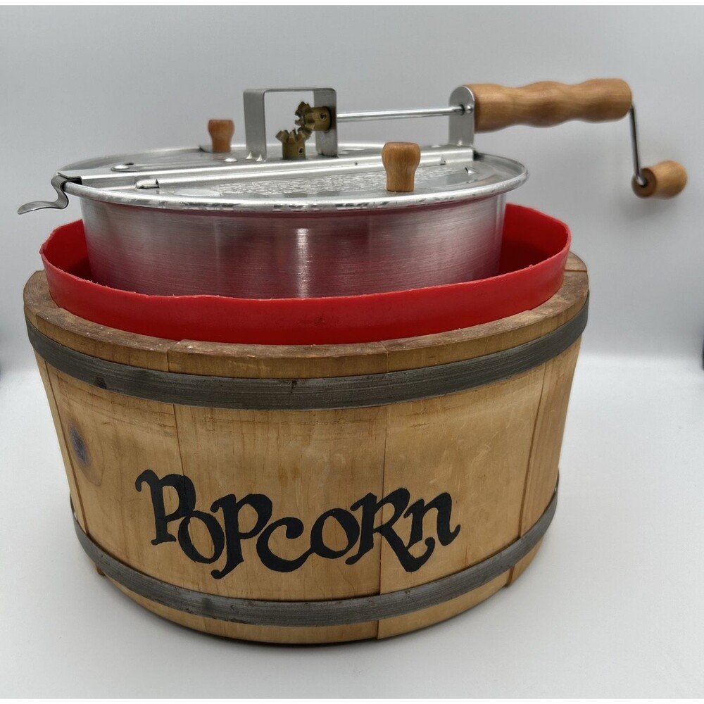 Vintage Whirley Pop Stovetop Popcorn Popper w/ Spaulding & Frost Popcorn Barrel